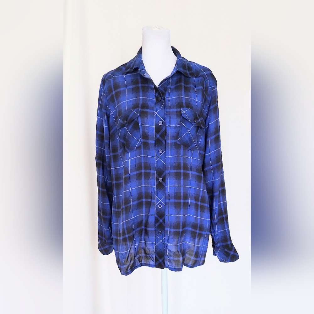 Torrid Roll Tab Sleeve Plaid Button Down Shirt Pocket Blue Plus Size 00 NWT